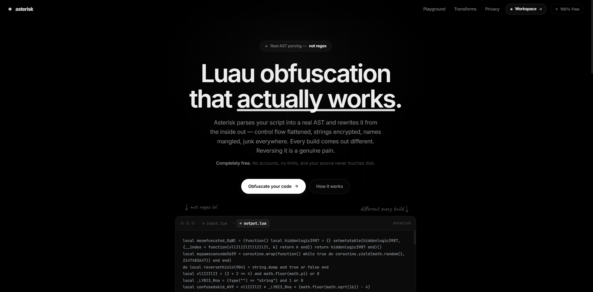 Asterisk's landing page — the headline “Luau obfuscation that actually works”, over a preview of obfuscated output.