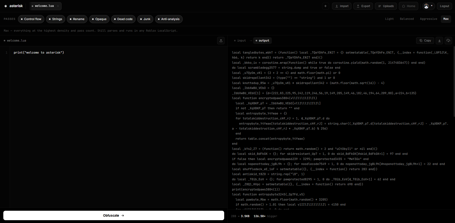 Asterisk's workspace — obfuscation passes along the top, the input script on the left, generated output on the right.